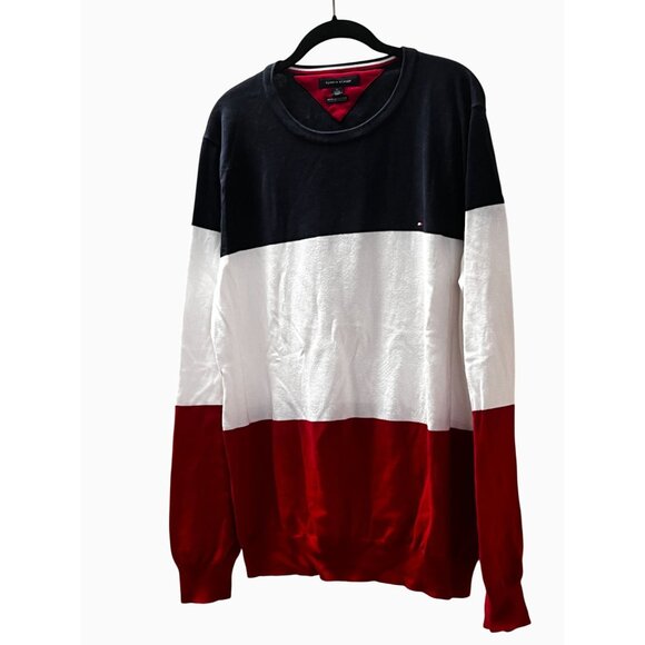 Tommy Hilfiger Mens Colorblock Crewneck Sweater XL Premium Cotton Navy White Red - Picture 2 of 11